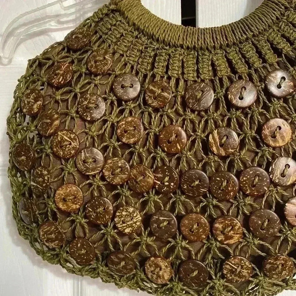 Blue Miami green macrame & dark brown button design crochet purse - Picture 5 of 9